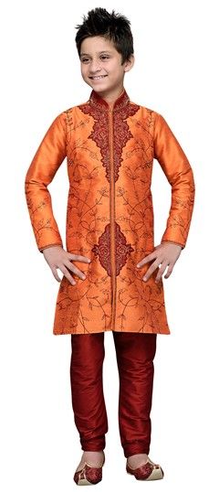 Orange color Boys Sherwani in Art Silk fabric with Embroidered, Patch, Stone work : 201538