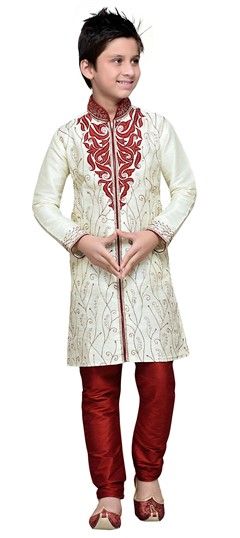 Beige and Brown color Boys Sherwani in Art Silk fabric with Embroidered, Patch, Stone work : 201539