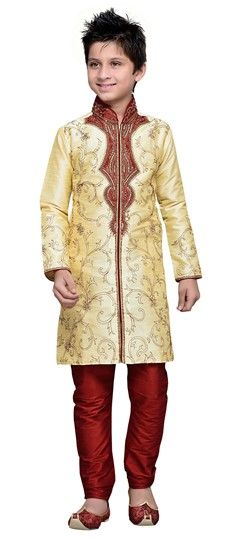 201541: Gold color Boys Sherwani in Art Silk fabric with Embroidered, Patch, Stone work