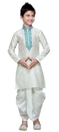 White and Off White color Boys Dhoti Kurta in Art Silk fabric with Embroidered, Thread work : 201576