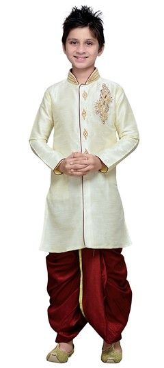201590: Beige and Brown color Boys Dhoti Kurta in Art Silk fabric with Patch work