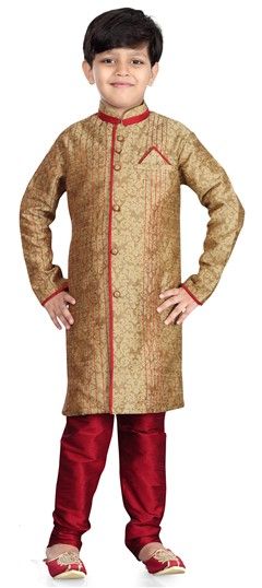 Beige and Brown color Boys Sherwani in Silk fabric with Thread work : 201622