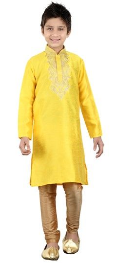 201891: Yellow color Boys Kurta Pyjama in Art Silk fabric with Embroidered, Thread work