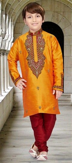 202079: Yellow color Boys Kurta Pyjama in Art Dupion Silk fabric with Embroidered, Stone, Thread, Zari work