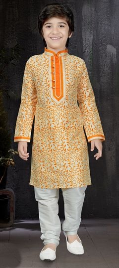 Gold color Boys Kurta Pyjama in Art Dupion Silk fabric with Resham, Thread work : 202610