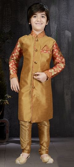 Beige and Brown color Boys Sherwani in Art Dupion Silk fabric with Resham work : 202626