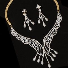 301213: Gold-Silver Rodium Polish Necklace set with  Earring in Metal Alloy studded with CZ Diamond.