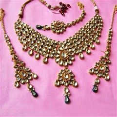 301750: Gold Rodium Polish Necklace set with  Earring, Mang Tikka  in Metal Alloy studded with Kundan, Beads.