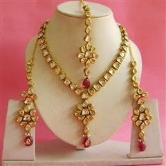 301756: Gold Rodium Polish Necklace set with  Earring, Mang Tikka  in Metal Alloy studded with Kundan, Beads.