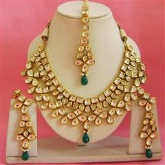 301759: Gold Rodium Polish Necklace set with  Earring, Mang Tikka  in Metal Alloy studded with Kundan.