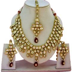 301764: Gold Rodium Polish Necklace set with  Earring, Mang Tikka  in Metal Alloy studded with Kundan, Beads.