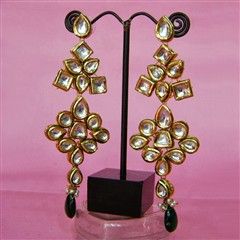 301813: Gold Rodium Polish Earrings in Metal Alloy studded with Kundan, Beads.
