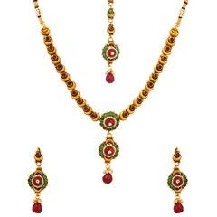 305538 Gold Rodium Polish Green,Red and Maroon color family Necklace in Metal Alloy studded with CZ Diamond,Pearl. 