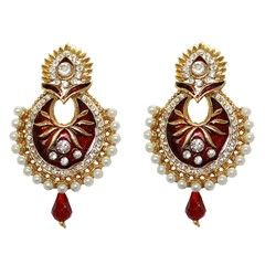 322065 Red and Maroon  color family Earrings in Metal Alloy Metal with Austrian diamond, Beads, Pearl stone  and Enamel work