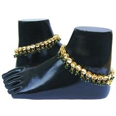 322068 Green  color family Anklet in Metal Alloy Metal with Kundan stone  and Gold Rodium Polish work