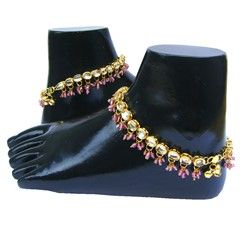 322069 Pink and Majenta  color family Anklet in Metal Alloy Metal with Kundan stone  and Gold Rodium Polish work