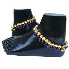 322070 Blue  color family Anklet in Metal Alloy Metal with Kundan stone  and Gold Rodium Polish work
