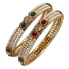 Green, Red and Maroon color Bangles in Metal Alloy studded with Beads, Cubic Zirconia & Enamel : 322278