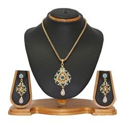 322302 Green  color family Pendant in Metal Alloy Metal with Austrian diamond, Kundan stone  and Enamel work