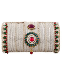 White and Off White color Clutches in Silk cotton fabric with Bugle Beads, Stone, Thread work : 330613