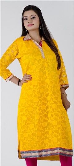 402279 Yellow color family Long Kurtis in Chanderi fabric with Lace work.