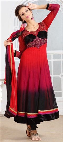 406100 Red and Maroon  color family Anarkali Suits in Faux Georgette fabric with Bugle Beads,Cut Dana,Lace,Patch,Resham,Stone,Valvet work .