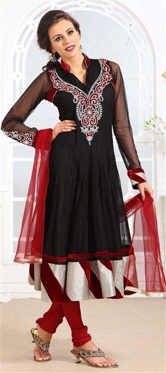 407344 Black and Grey  color family Anarkali Suits in Net fabric with Bugle Beads,Cut Dana,Patch,Stone,Valvet work .