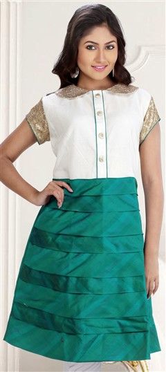 410093 Green, White and Off White color family Long Kurtis in Silk, Cotton, Chanderi fabric with Sequence work.
