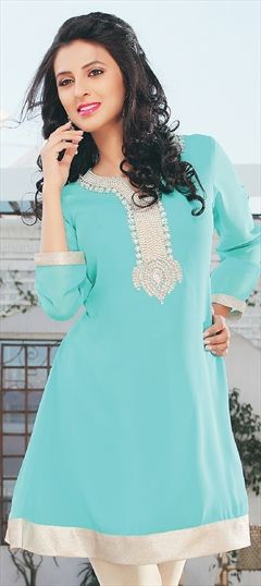 410971 Blue  color family Kurti in Georgette,Satin fabric with Lace,Patch work .
