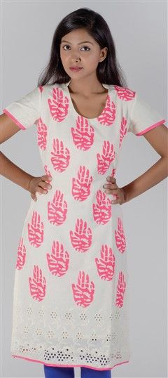 Casual White and Off White color Kurti in Cotton fabric with Embroidered, Lace, Printed work : 418103
