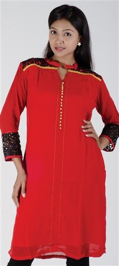 418109 Red and Maroon color family Kurti in Georgette fabric with Machine Embroidery, Patch, Thread, Lace work.