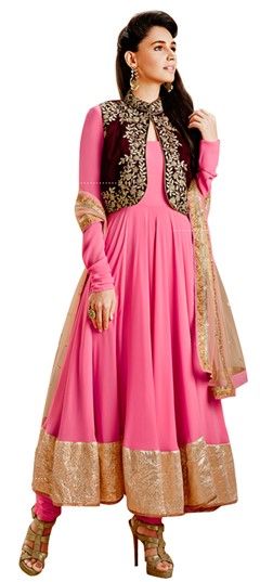 433853 Pink and Majenta color family Anarkali Suits in Art Silk fabric with Resham, Stone, Lace work.