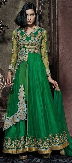 436649 Green  color family Party Wear Salwar Kameez in Net fabric with Lace,Machine Embroidery,Stone,Zari work .