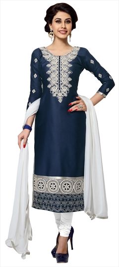 Party Wear Blue color Salwar Kameez in Cotton fabric with Embroidered, Lace work : 452821