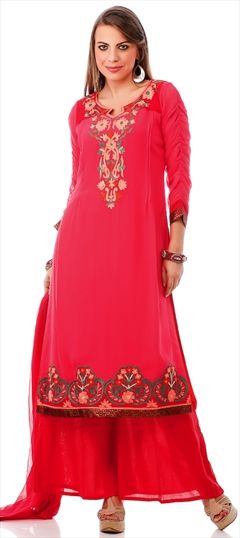 453913: Designer, Party Wear Red and Maroon color Salwar Kameez in Faux Georgette fabric with Palazzo Embroidered, Resham, Thread work