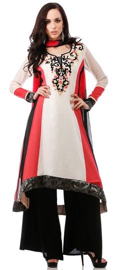453914: Party Wear Red and Maroon, White and Off White color Salwar Kameez in Faux Georgette fabric with Palazzo Embroidered, Resham, Stone, Thread work