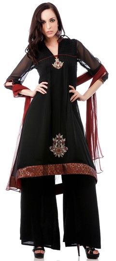 453917: Designer, Party Wear Black and Grey color Salwar Kameez in Faux Georgette fabric with Palazzo Embroidered, Lace, Patch, Stone work
