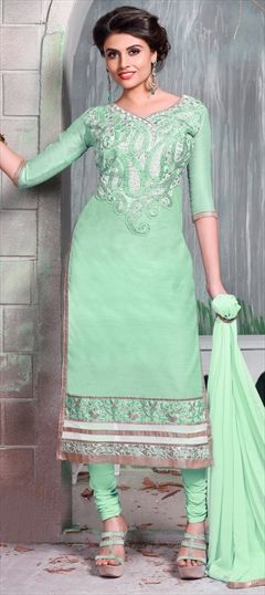 Party Wear Green color Salwar Kameez in Chanderi Silk, Cotton fabric with Straight Embroidered, Lace, Resham, Thread work : 456310