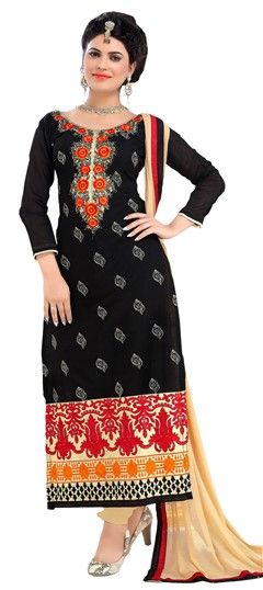 456681 Black and Grey  color family Party Wear Salwar Kameez in Chanderi, Cotton fabric with Lace, Machine Embroidery, Resham, Thread work .