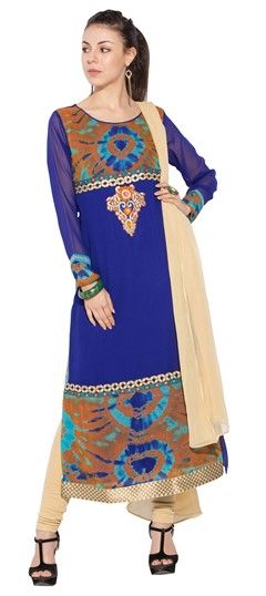 458856 Blue  color family Party Wear Salwar Kameez in Faux Georgette fabric with Machine Embroidery, Printed, Thread work .
