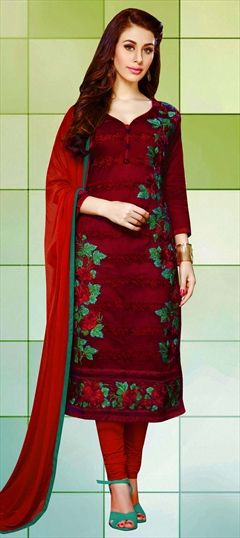 Party Wear Red and Maroon color Salwar Kameez in Cotton fabric with Straight Embroidered, Lace, Resham, Stone, Thread work : 459838