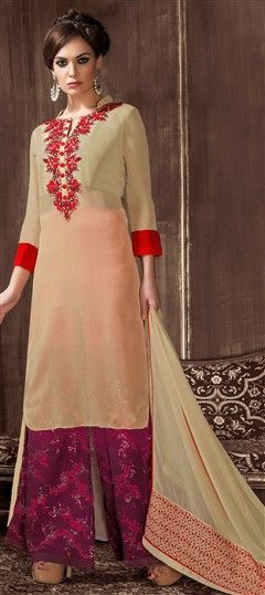 465076 Beige and Brown  color family Party Wear Salwar Kameez in Faux Georgette fabric with Machine Embroidery,Resham,Thread work .
