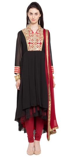 Party Wear Black and Grey color Salwar Kameez in Faux Georgette fabric with A Line Mirror, Moti, Patch, Stone, Thread work : 470250