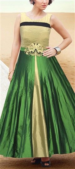 470460 Beige and Brown, Green  color family gown in Silk fabric with Machine Embroidery, Stone, Thread work .