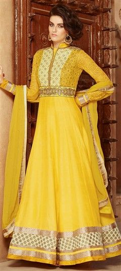 474534 Yellow  color family Anarkali Suits in Faux Georgette, Silk fabric with Lace, Machine Embroidery, Stone, Thread work .