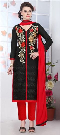 475141 Black and Grey  color family Cotton Salwar Kameez in Cotton fabric with Lace, Machine Embroidery, Resham, Thread work .