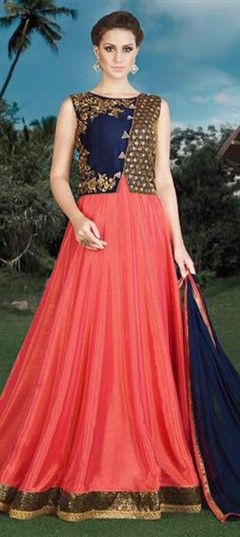 480241 Blue, Orange  color family Party Wear Salwar Kameez in Silk fabric with Border, Machine Embroidery, Thread, Zari work .