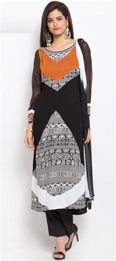 489062 Black and Grey  color family Party Wear Salwar Kameez in Cotton fabric with Printed work .