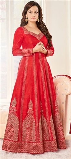 489382 Red and Maroon  color family Bollywood Salwar Kameez in Georgette, Silk fabric with Machine Embroidery, Thread, Zari work .