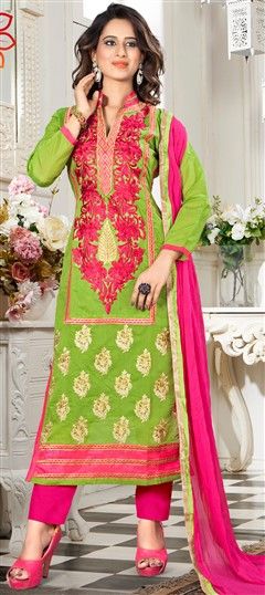 491145 Green  color family Party Wear Salwar Kameez in Chanderi, Cotton fabric with Lace, Machine Embroidery, Resham, Thread work .